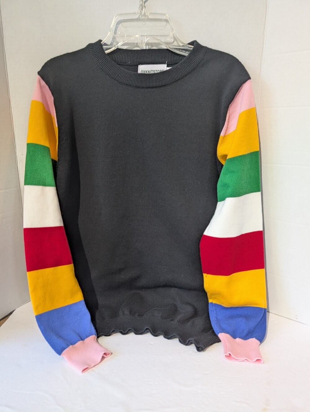 Ox Knit Black Sweater with Multicolor Striped Sleeves- Med